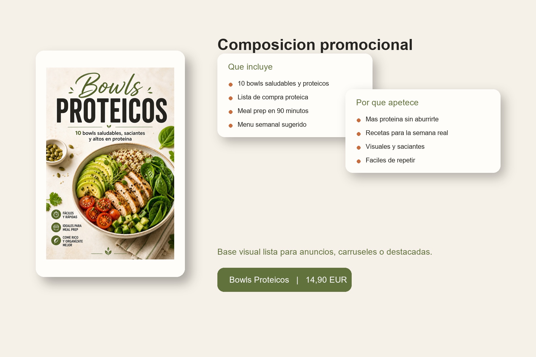 Mockup del ebook Bowls Proteicos con portada y vista en tablet